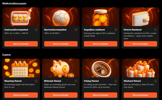 Bonusoverzicht van Betoranje Casino met een casinowelkomstpakket, sportwelkomstpakket, dagelijkse cashback en rakeback